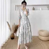 Casual Print A-Linie Kleid für Frauen V-Ausschnitt Puff Kurzarm hohe Taille lange Kleider weibliche Sommermode Kleidung 210515