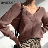 LLYGE DA Solide Casual Pull Femme Manches Longues Col V Profond Tricot Femmes Pulls Automne Hiver Bas Prix Pull Top 210914