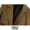 TRAF, chaqueta de lino plisada con un solo botón a la moda para mujer, abrigo Vintage con cuello entallado, ropa de abrigo femenina de manga larga, Top elegante 210415