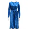 Jocoo Jolee Vintage Long Sleeve Velvet Dress Women Bodycon Belt Midi Dress Casual Spring Pleated Party Dress Vestidos Robe Femme 210619