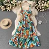 Neploe Vintage Drukuj wakacje Czeski Dress Kobiety Sexy Ruffles Patch Ramię Bez Ramiączek Camis Vestido Wysoka talia Hip linia Robe 210423