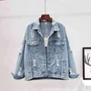 Streetwear Style Print Kvinnors Denimjacka Vår Hösthål BF Diamanter Appliques Outwear Kvinna Casual Loose Cowboy Outwear 210422