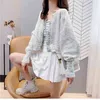 Women Fall Fashion Sweater and Cardigans Winter Puff Sleeve Cropped Button Up Short Knitting Poncho 210430