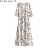 Summer Ladies Holiday Style Positioning Printing Mid-Sleeve Long Skirt Back Hollow Out Dress Button Female Boho 210508