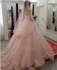 Blozen roze baljurk trouwjurken kant appliqué liefje halslijn sweep trein op maat gemaakte kralen vestido de novia