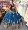 Marinblå glitter quinceanera klär sig av axeln guld blommig applique söt 15 klänning beaded tulle quince party