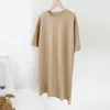 Femmes été décontracté lâche solide coton t-shirt robe solide O cou surdimensionné Mini robe chauve-souris à manches courtes robe de base Vestidos 210401