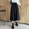 Vrouwen effen kleur lange elastische hoge taille geplooide rok Koreaanse stijl herfst mode harajuku winter kantoor dame zwart roze 210421