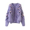 高品質の重い手作りかぎ針編みニットカーディガン紫oネックパフスリーブセータージャケット刺繍ジャカードジャンパー韓国210610