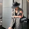 Twotwinstyle Casual Plaid Blazer dla kobiet Notched Z Długim Rękawem Koreański Ruched Luźne Blazers Kobiet Moda Odzież 211122