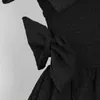 黒のパッチワークのちょう結びのドレス女性スタンドカラーノースリーブハイウエスト中空アウトミニドレス女性210520