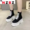 Sukienka Buty Platforma Kobieta Pompy Moda Lampart Okrągłe Toe Black 9 CM Grube dolne Obcasy Kobiety Casual High Top Lace Up Canvas