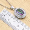 Geometrisk regnbåge Semi-Precious Silver Färg Smycken Satser för Kvinnor Hoop Örhängen Halsband Hängsmycke Ring H1022