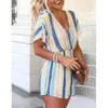 Striped Summer Rompers Kvinnor Overaller V Neck Button Casual Wide Leg Playsuits Loose Beach Holiday 210427