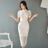 zomer slanke professionele jurk solide kant polyester korte knop knielengte reguliere 210416