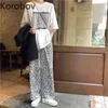 Korobov Summer Streetwear Women Suits Korean Summer O Neck Short Sleeve T Shirts and High Waist Wide Leg Pants Sets 210430