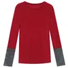 T-shirt rouge printemps coton solide diamant manchette Patchwork hauts pour femmes à manches longues grande taille S-3XL Slim T-shirt T02314B 210421