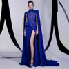 Robes de soirée Peplum de sirène perlées bleues avec col haut longue Cape pailletée côté fendu robes de bal balayage train robe formelle