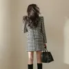 Jesień Zima Tweed Wełna 2 Sztuka Zestaw Kobiety Houndstooth Plaid Spódnica Kobieta Blazer Kurtka Płaszcz + Bodycon Garnitur 210529