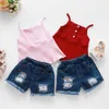 Klädsuppsättningar till salu Toddler Camisole + Denim Short Fashion Solid Vest Spädbarn Flickor Outfits Sommar Outwear Söt