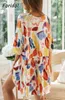 Färgglada Utskrift Casual Loose Summer Dress Shirt Kvinnor Mini Boho Beach Oversized Sundress Vestidos Holiday Daily Outfit 210427