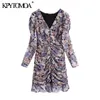 Women Chic Fashion Floral Print Ruffled Pleated Mini Dress Long Sleeve With Lining Female Dresses Vestidos 210420