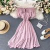 Frauen Chiffon Kleid Mode Sommer Kurzarm Weg Von Der Schulter Patchwork Plissee Rüschen Kleider Weibliche Casual Robe 210525