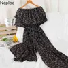 Neploe Jumpsuits Kvinnor Sommar Ropa Mujer Elegant Ruffled Off Shoulder Retro Floral Bodysuit High Waist Wide Ben Byxor Playsuit 210422