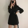秋の韓国のオルの女性のブレザージャケットがベルトスーツのコートの女性ソリッドカラーオーバーコート女性イギリススタイルのoutwear 210514