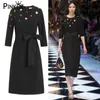 Chilady Pist Tasarımcısı Zarif Siyah Kristal Aplikler Düğmeler O-Boyun Midi Elbiseler Kadın Parti Yemeği Elbise Robe de Femme Hiver 210421