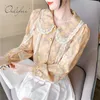 Mulheres Verão Impressão Floral Chiffon Camisa Doce Laço Branco Crochet Single Breasted Party Blouse Elegante Top 210415