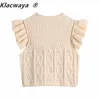 Women Fashion Bobble Appliques Cropped Knitted Vintage Ruffled Cap Sleeves Female Pullovers Chic Tops 210521