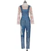 Imitatie denim pailletten jumpsuit elegante overalls vrouwen vintage versleten mager blauw jean jumpsuit long pant rompers femme streetwear 210709