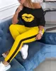 summer women lips print two piece set off shoulder tee- top pencil jogger sweatpants suit sporting tracksuit overalls X0428