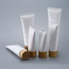 Empty White Plastic Squeeze Tubes Bottle Cosmetic Cream Jars Refillable Travel Lip Balm Container with Bamboo Cap