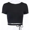 Krótki rękaw Slim Crop Top Ladies White Casual Tees Summer Bandaż Sexy Backless Tshirt O Neck Solid Tops Damska koszulka