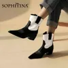 Sophitina Botas de Couro Genuíno Cowboy Black Snakeskin Botinhas De Outono Botinhas De Salto Baixo Feminino Senhoras Mulheres Sapatos PO711 210513