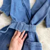 Denim Jurk Dames Elegante Blauwe Korte Mouw Zomer Gekeerde Kraag Gordel Double Breasted Koreaanse Stijl Backless Jeans 210603