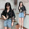 Frauen Chiffon Hemd Kurzarm Sommer Mode Weibliche Casual Lose Shirts Vintage Kran Kerb Kragen Bluse Tops 210423