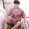 Thoshine Marque Summer Style Hommes Chine Satin Pyjamas Ensembles Patchwork Turn-down Col Bouton Vêtements de nuit Mâle Taille élastique Pijama 210901