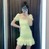 Summer Yellow Textured Ruffle Mini Dress Women Fashion Slim Elastic Smocked Club Woman Short Puff Sleeve Vestidos 210430