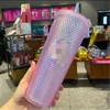 مرصع بارد مع شعار Tumbler Cup 24oz 710ml جدار مزدوج توهج غير لامع في البلاستيك القهوة الظلام مع القش