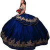 Abendkleid Marinho Azul Quinceanera Vestido Apliques de Ouro 2022 Vestidos de Quinceañeras Prom Vestido Vestido Bordado Mexicano