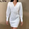 Autumn arrival Simple atmosphere sexy V-Neck Long sleeve dress women fashion Office Lady Slim bag hip dresses 210427