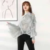 Women Asymmetrical Bow Organza Metal Button Runway Dress Stand Neck Long Puff Sleeve Fashion Spring Autumn 2F0289 210421