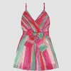 Women Pink Tie-Dye Lace-Up Spaghetti Strap Dress Summer Ladies Sexy V-Neck Sashes Backless Boho Beach Holiday Mini Dresses 210416