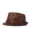 Wide Brim Hats Men Leather Fedora Hat For Dad Jazz Boater Flat Top Gentleman Bowler Porkpie Size 58CM