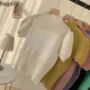 NEPLOE Kobiety Swetry Pół Turtleneck Sweter Dzianiny Summer Puff Krótki Rękaw Koszulki Solid Jumper Koreańczyk Hollow Out Slim Top 210422