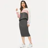 Summer Womens Twee stukken Lange mouwen Sweatshirt Grijs Patchwork Stretch Brei Trui Hoge Elastische Rok Casual Sports Suits 210730