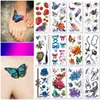Butterfly 3D Tattoo Flowers Naklejki na liście Tymczasowe dla kobiet Kolorowe tatuaże sztuki ciała